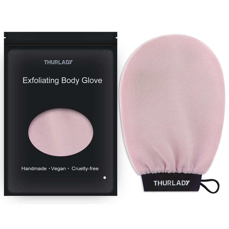 THURLADY Exfoliating Glove, Korean Exfoliating Mitt, Viscose Fiber Shower Mitt, Dead Skin Remover for Smooth Skin, Self-Tan Prep and Removal, Pink - Image 1